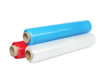 Different plastic stretch wrap films on white background