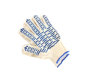 Protective gloves on white background, top view. Construction tools