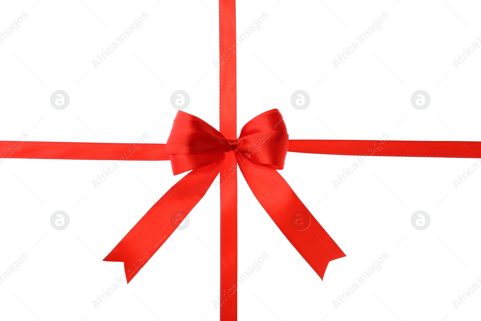 Photo of Red ribbon with bow on white background. Festive decoration