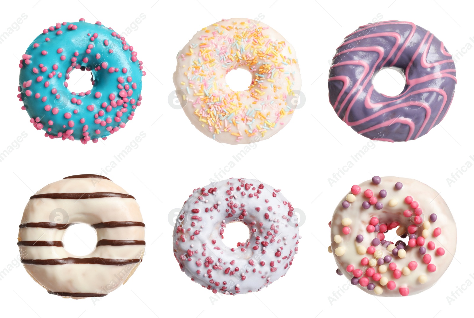 Image of Set with delicious glazed donuts on white background