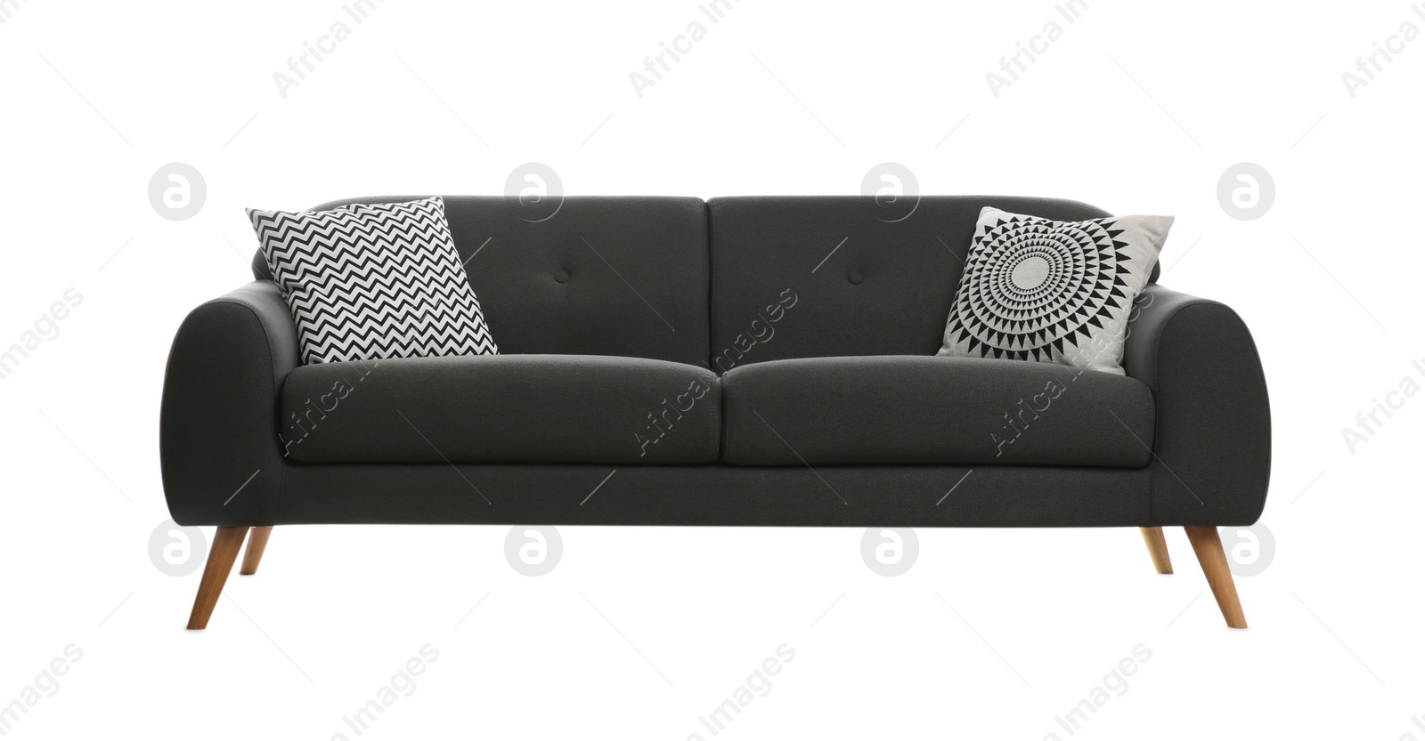 Photo of Comfortable grey sofa with cushions on white background. Furniture for living room interior