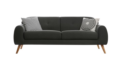 Comfortable grey sofa with cushions on white background. Furniture for living room interior