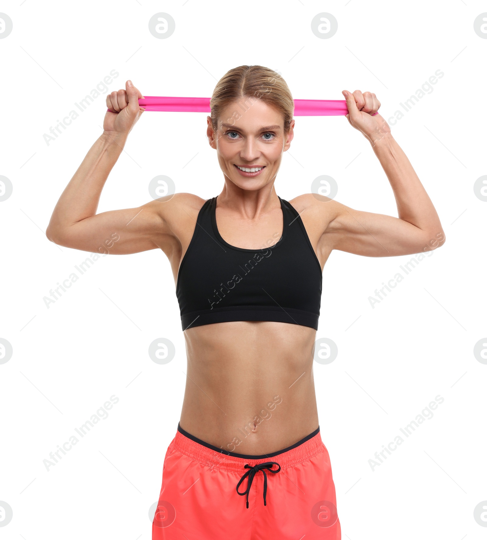 Photo of Woman exercising with elastic resistance band on white background