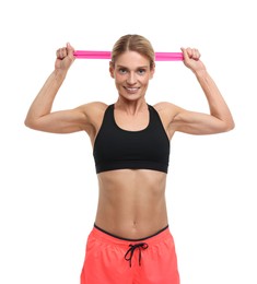 Photo of Woman exercising with elastic resistance band on white background