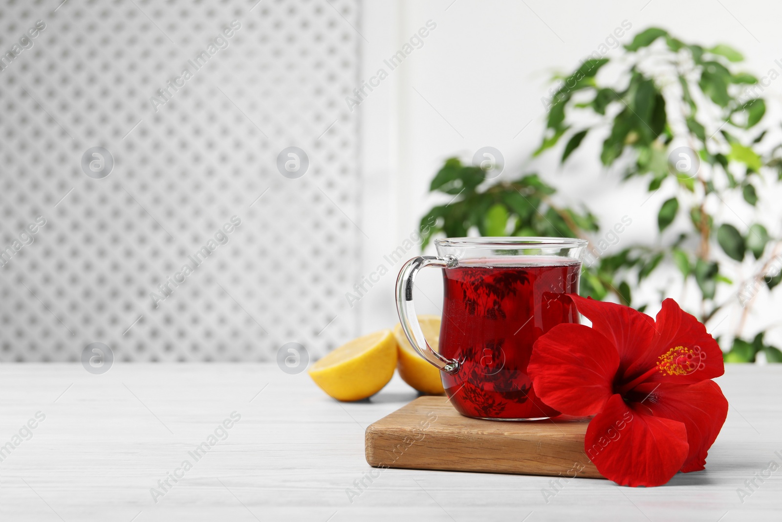 Photo of Delicious hibiscus tea and beautiful flower on white wooden table, space for text