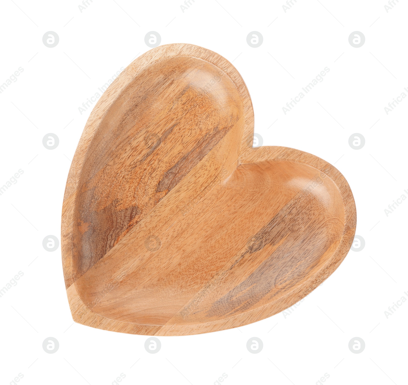 Photo of Empty heart shaped wooden plate isolated on white, top view