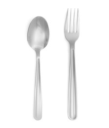 Image of Shiny silver spoon and fork on white background, top view