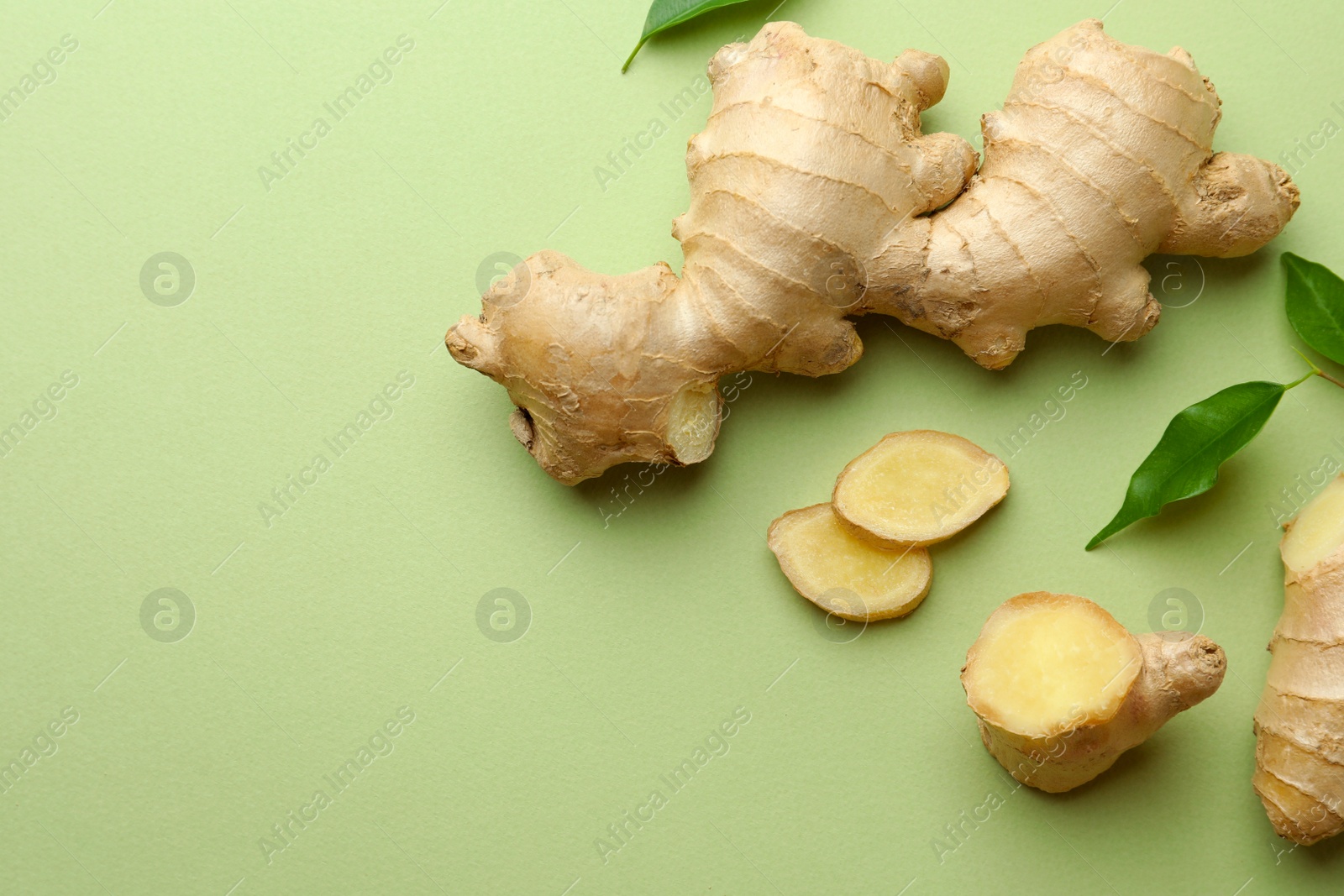 Photo of Fresh ginger with leaves on light pale green background, flat lay. Space for text