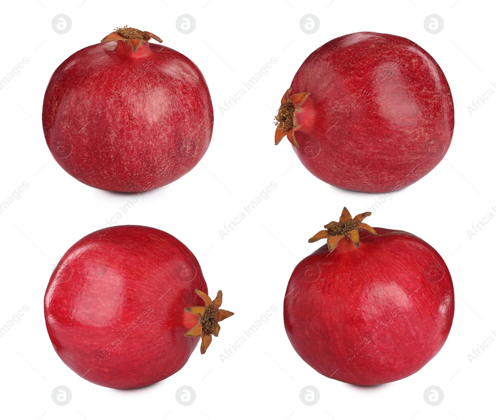 Image of Set with tasty ripe pomegranates on white background 