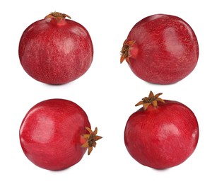 Image of Set with tasty ripe pomegranates on white background 