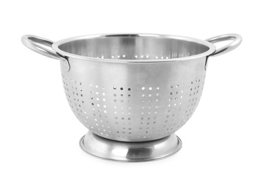 Photo of One metal colander isolated on white. Cooking utensil