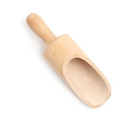 Photo of Wooden scoop isolated on white, top view. Cooking utensil
