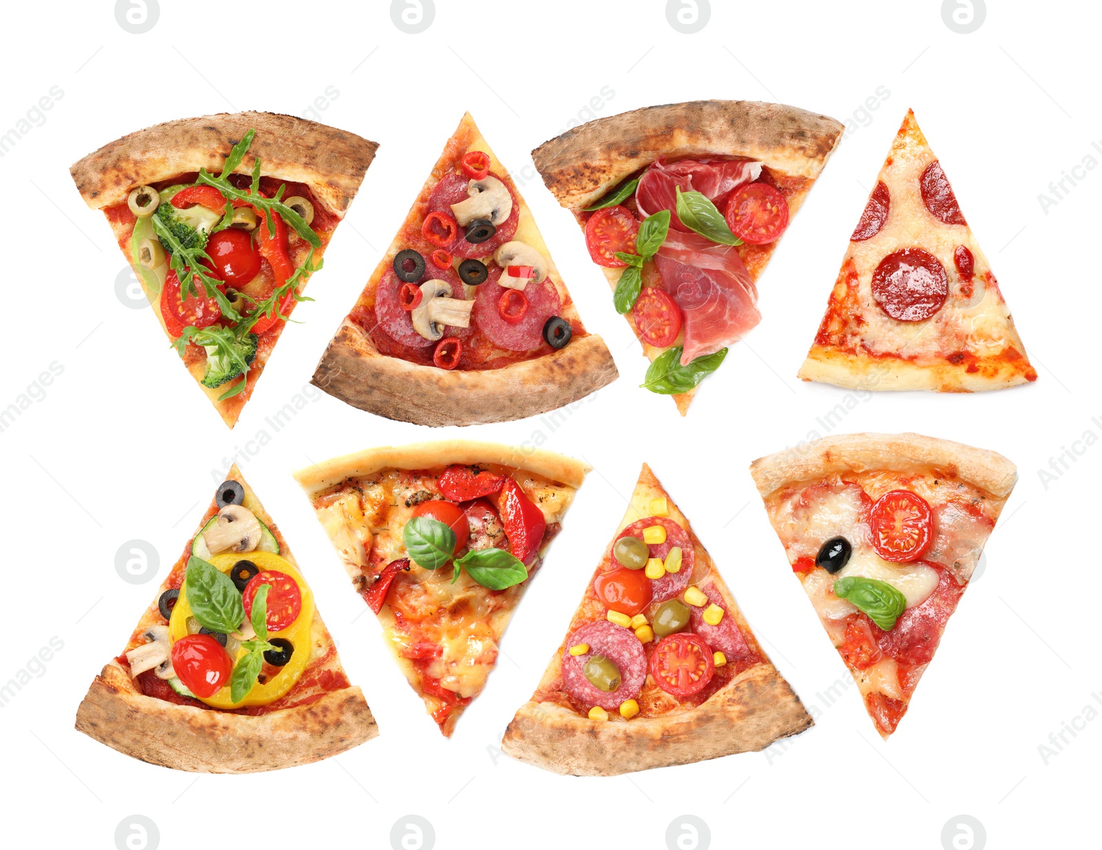 Image of Set with slices of different pizzas on white background, top view