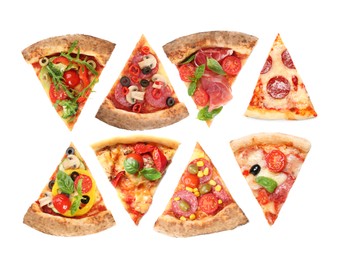 Set with slices of different pizzas on white background, top view