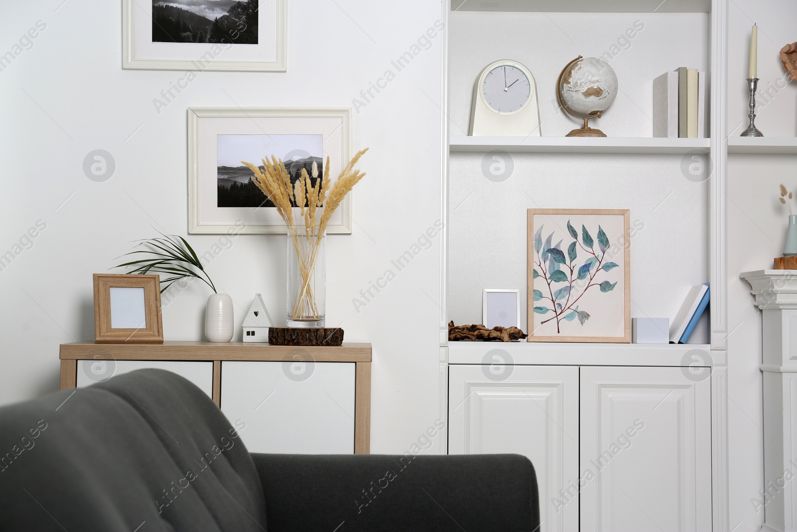 Photo of Living room interior with shelving unit, sofa and different decor