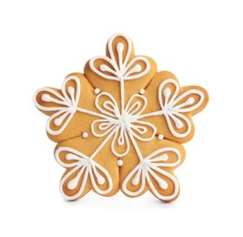 Photo of Tasty snowflake shaped Christmas cookie isolated on white