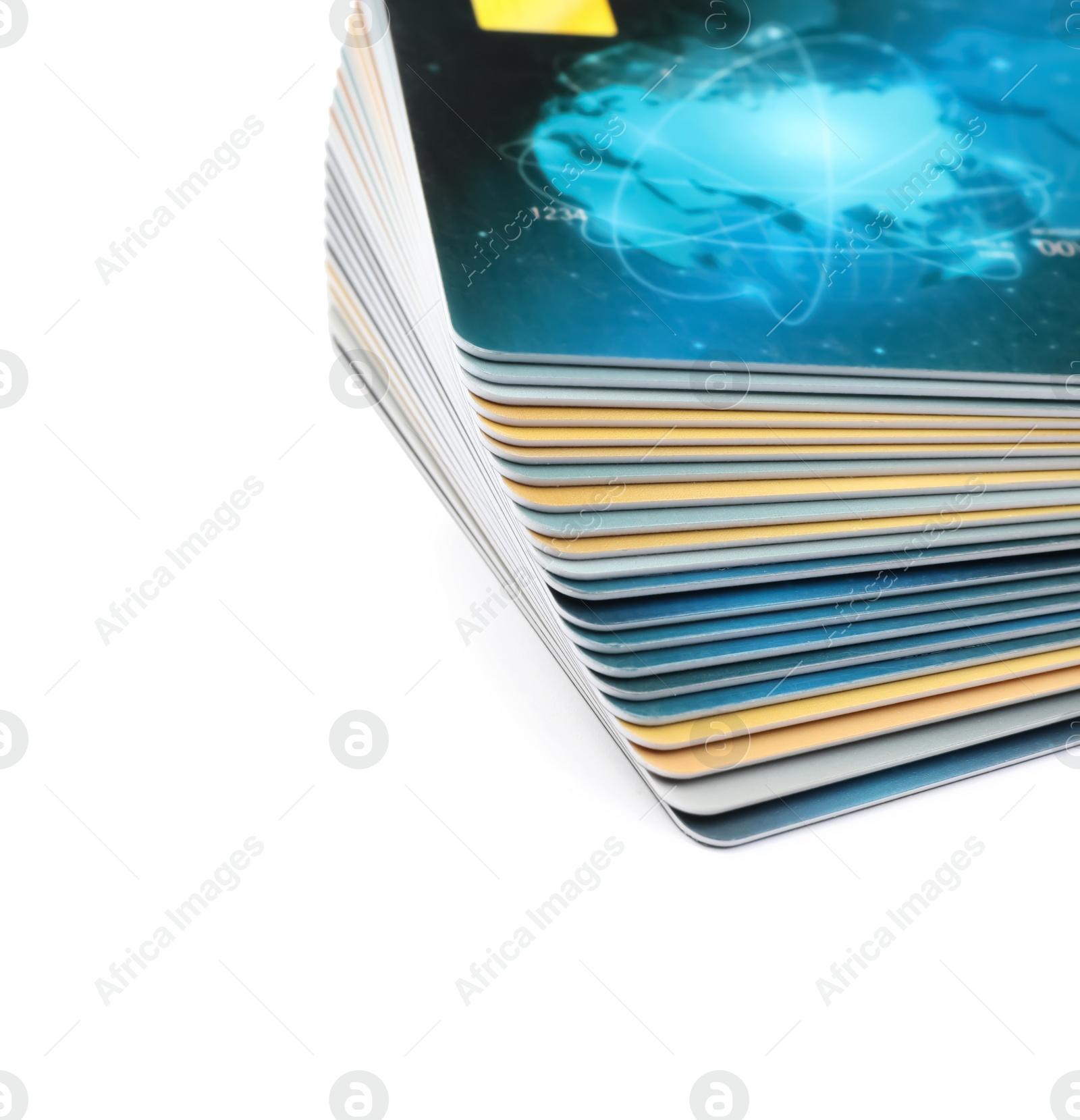 Photo of Stack of plastic credit cards on white background, closeup