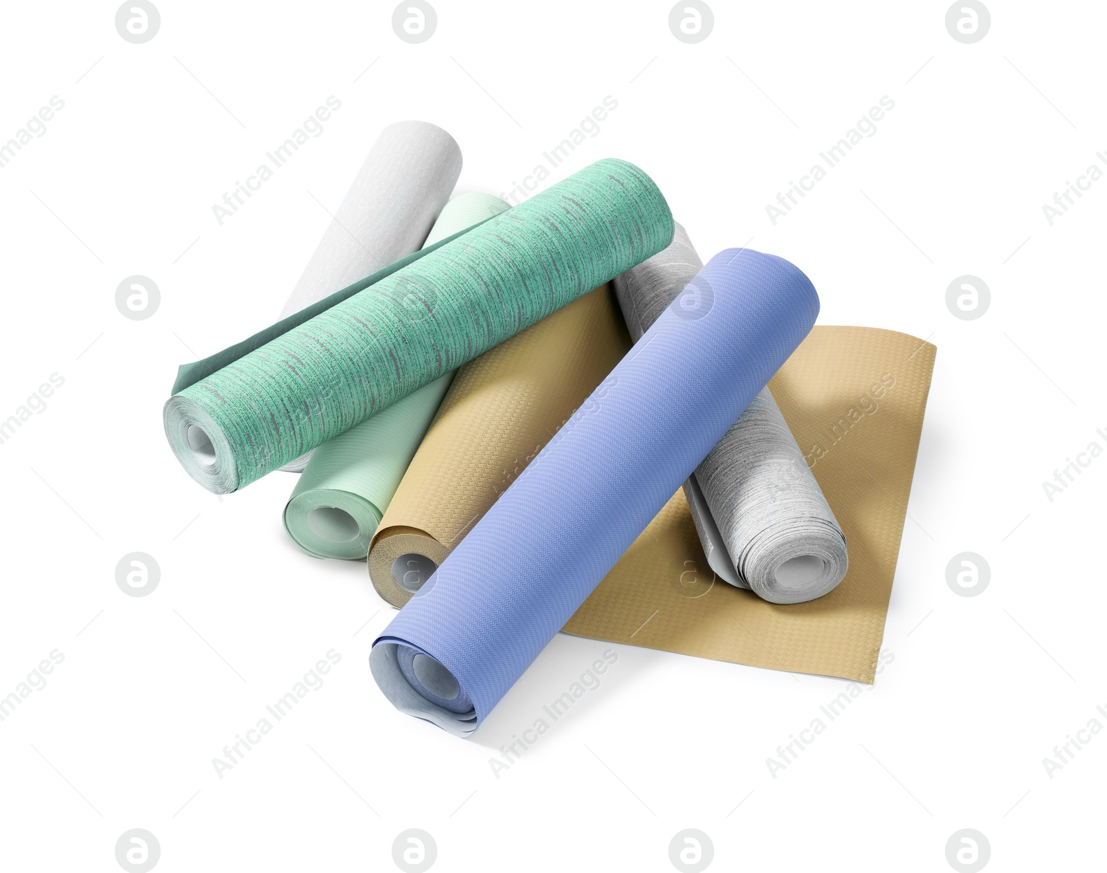 Image of Different colorful wallpaper rolls isolated on white