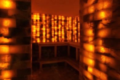 Photo of Blurred view of salt sauna interior in luxury spa center