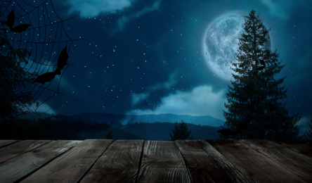 Image of Wooden surface and night sky with full moon. Halloween illustration