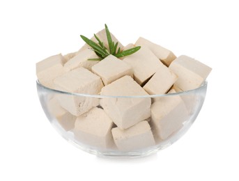 Photo of Glass bowl with delicious tofu and rosemary isolated on white