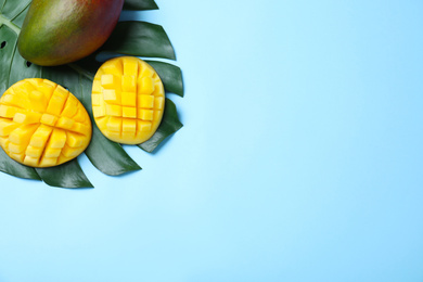 Photo of Cut fresh ripe mango and leaf on light blue background, flat lay. Space for text