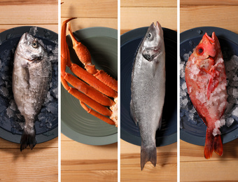 Collage with different fresh fishes and crab on wooden table, top view