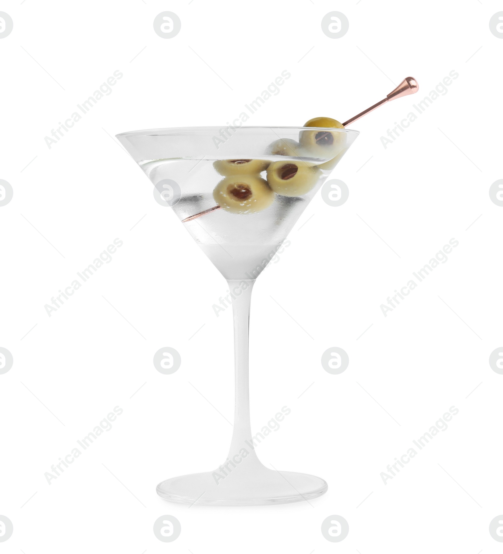 Photo of Martini cocktail with olives on white background