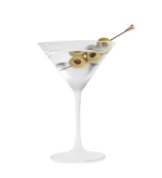 Photo of Martini cocktail with olives on white background