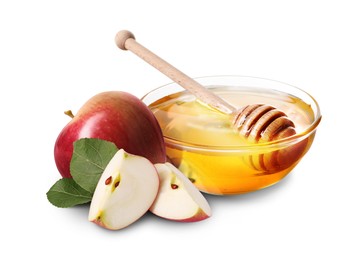 Image of Honey in bowl and apples isolated on white