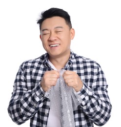 Happy asian man with bubble wrap on white background