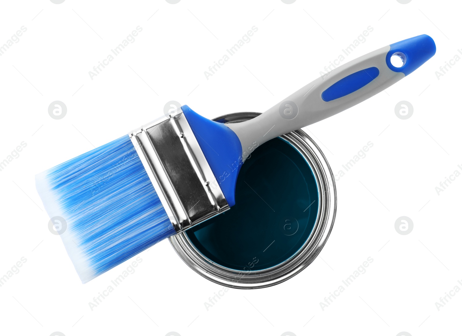 Photo of Paint can and brush on white background, top view