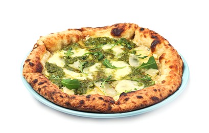 Photo of Delicious pizza with pesto, cheese and arugula on white background