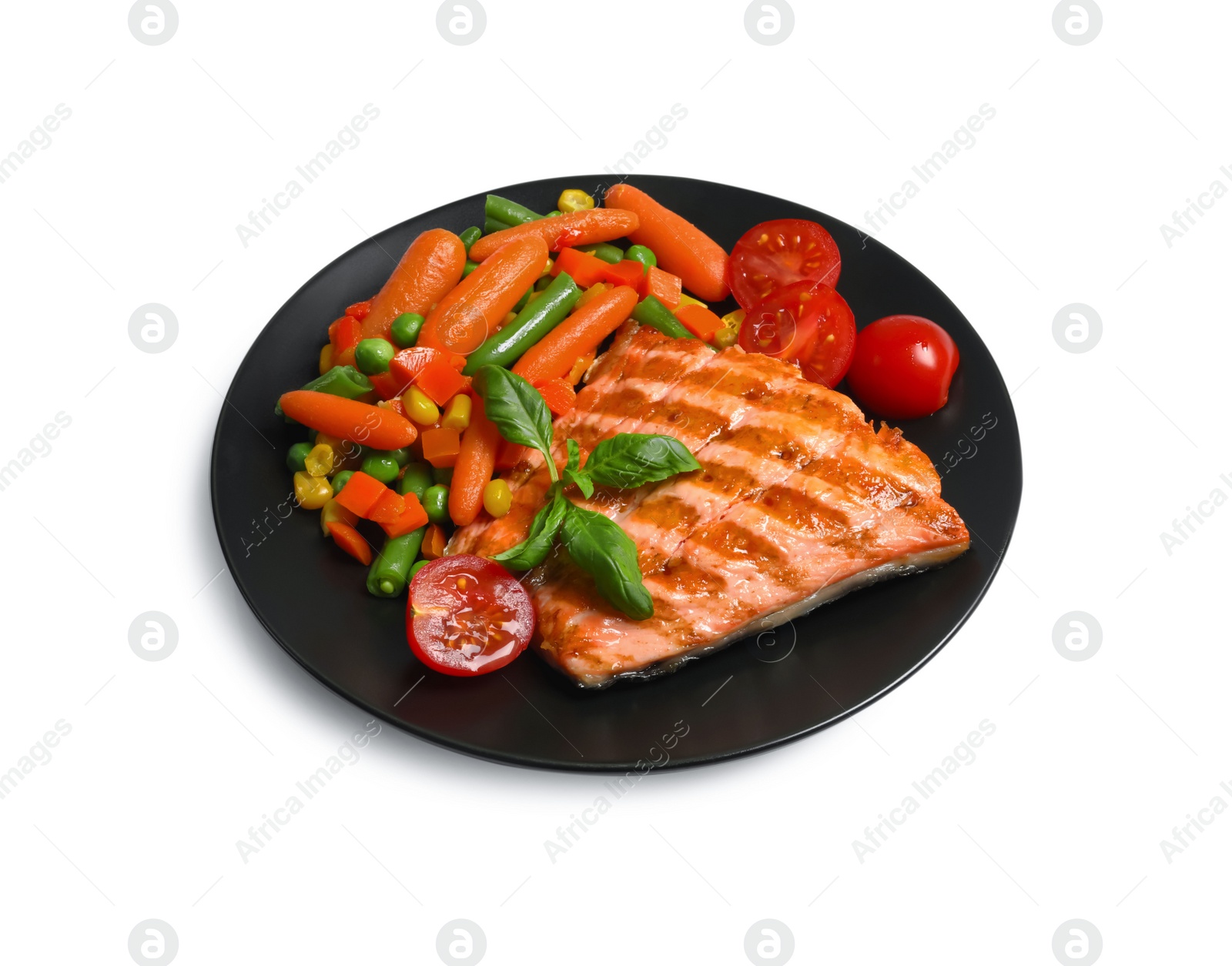 Photo of Tasty grilled salmon with mixed vegetables on white background