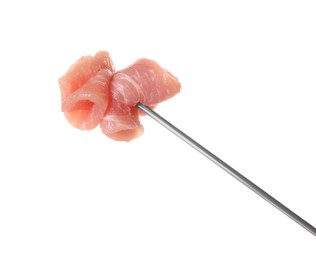 Photo of Fondue fork with pieces of raw meat isolated on white