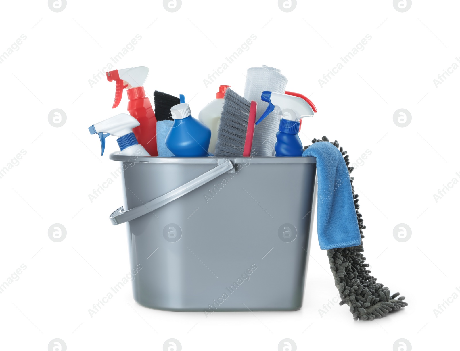 Photo of Plastic bucket with different cleaning supplies on white background