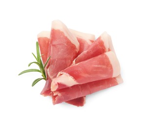 Slices of delicious jamon with rosemary on white background, top view