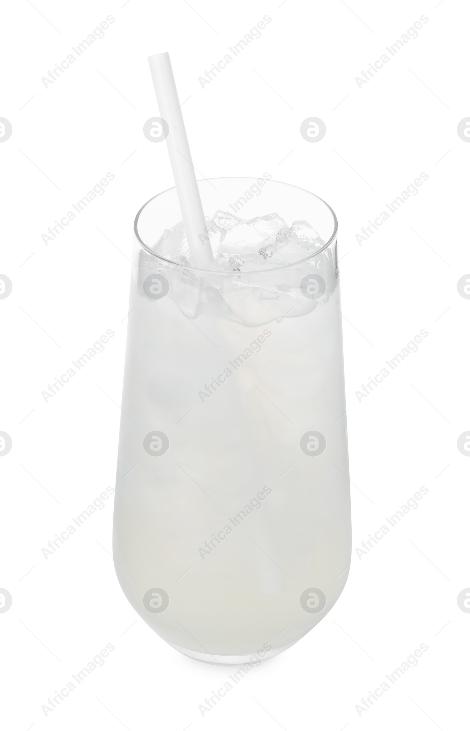 Photo of Glass of coconut water with ice cubes isolated on white