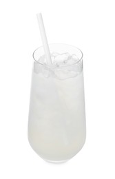 Glass of coconut water with ice cubes isolated on white