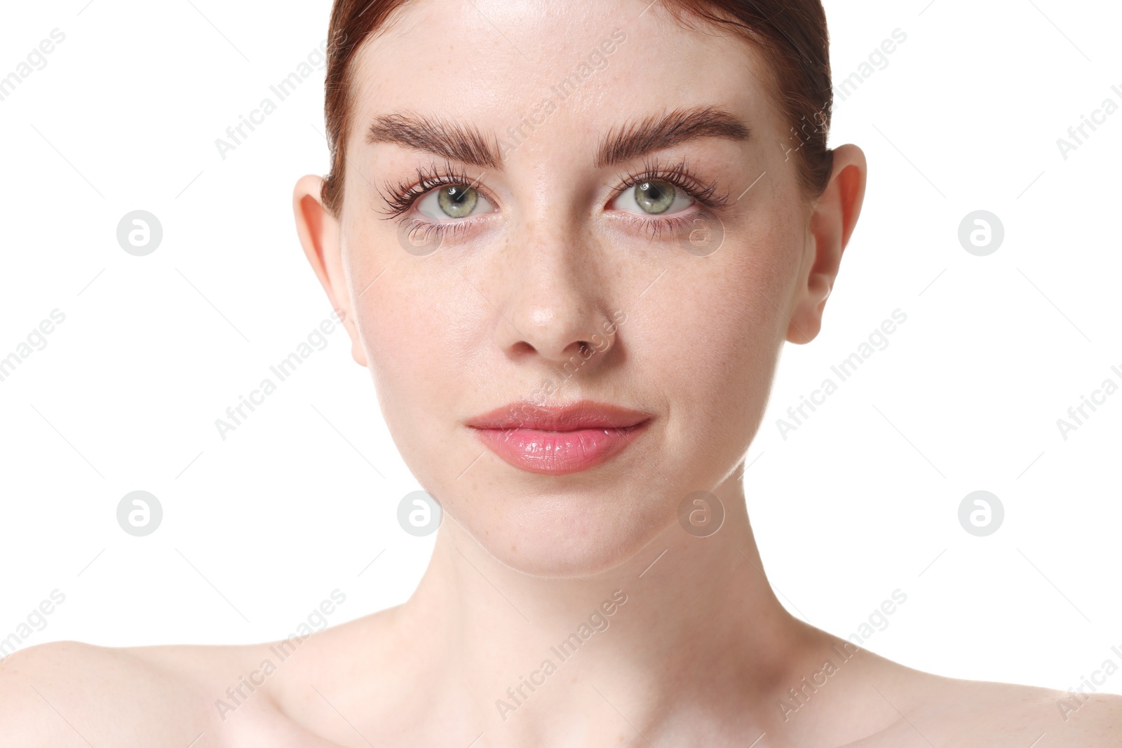 Photo of Portrait of beautiful woman on white background, closeup