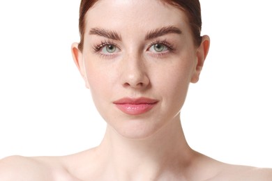 Portrait of beautiful woman on white background, closeup