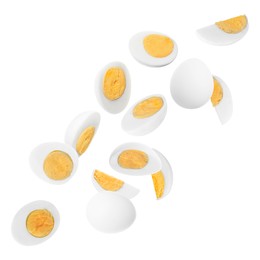 Image of Tasty hard boiled eggs falling on white background