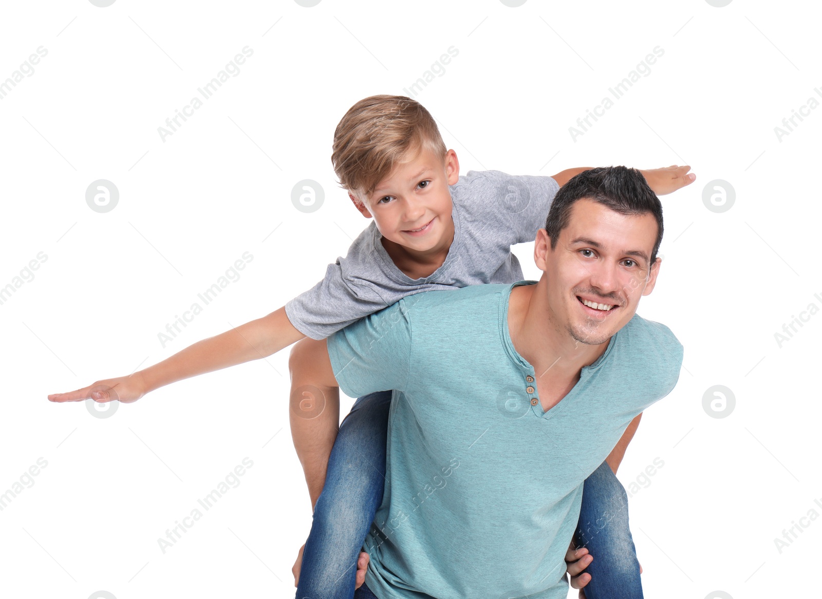 Photo of Father with child on white background. Happy family