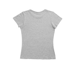 Photo of Stylish gray female T-shirt isolated on white, top view