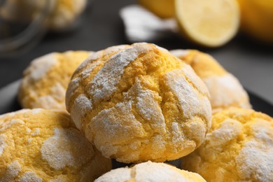 Photo of Fresh delicious lemon cookies on table, closeup