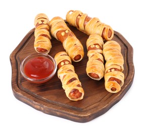 Photo of Cute sausage mummies served with ketchup isolated on white. Halloween party food