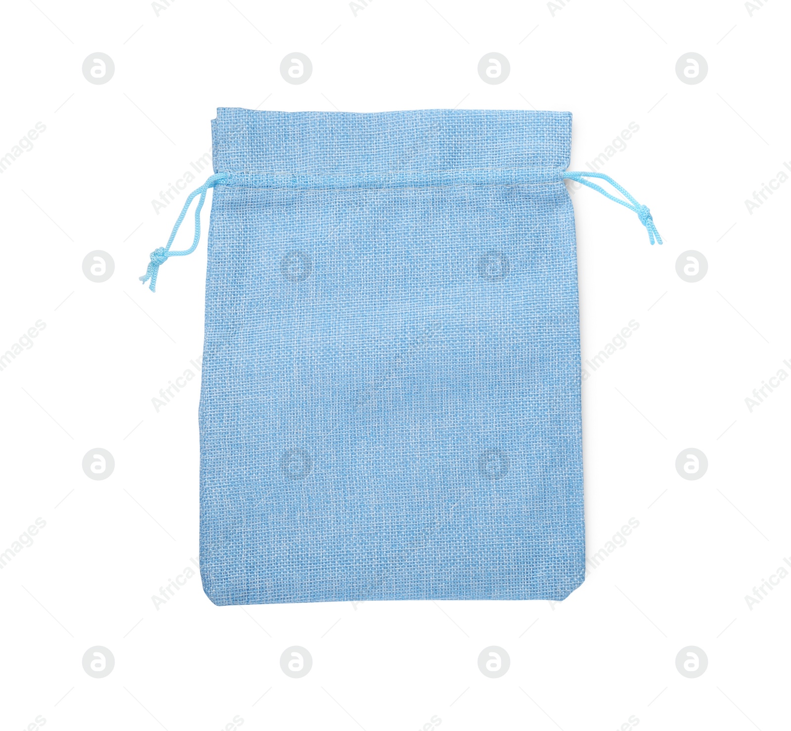 Photo of One light blue burlap bag isolated on white, top view