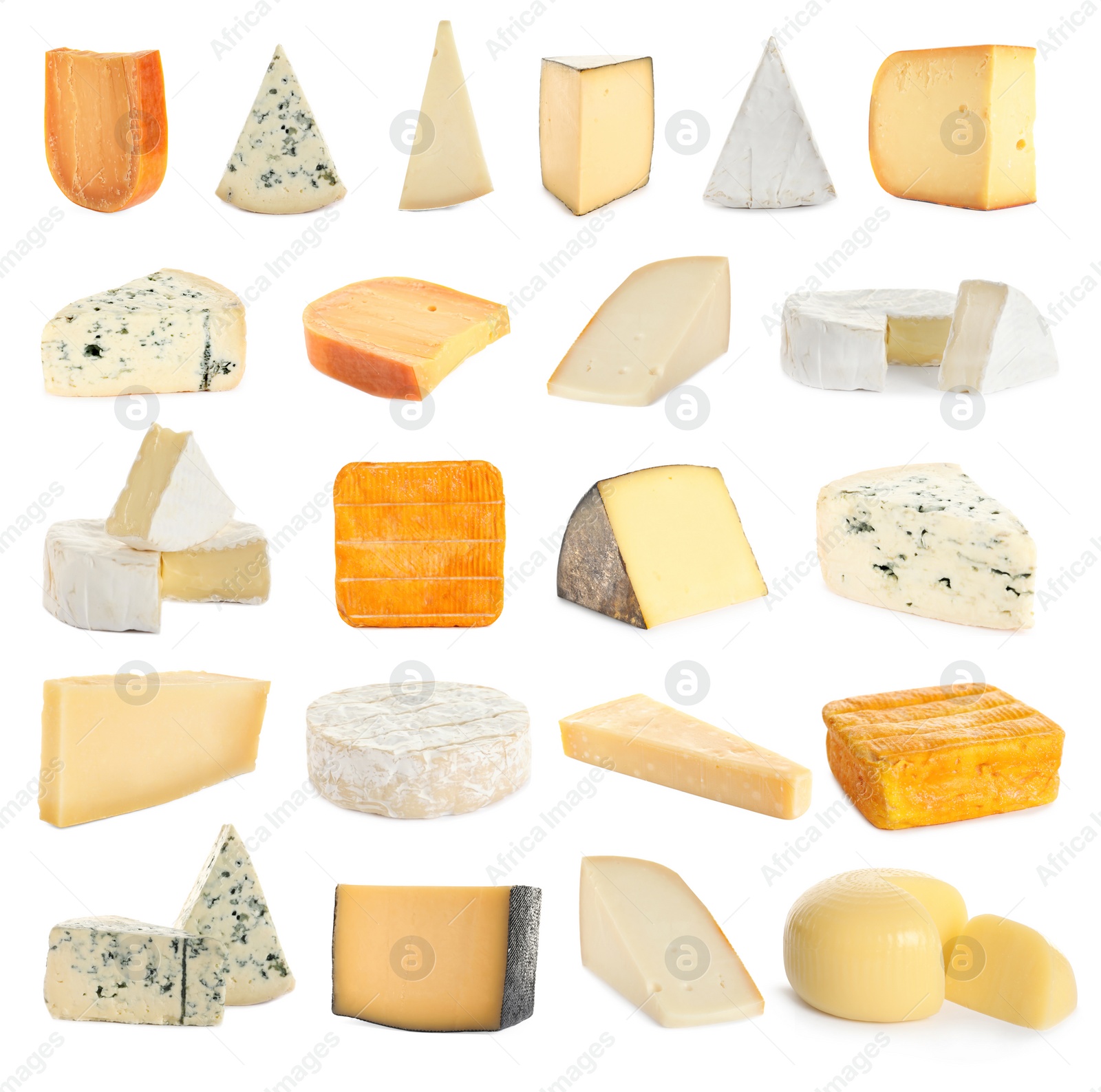 Image of Set with different sorts of cheese on white background