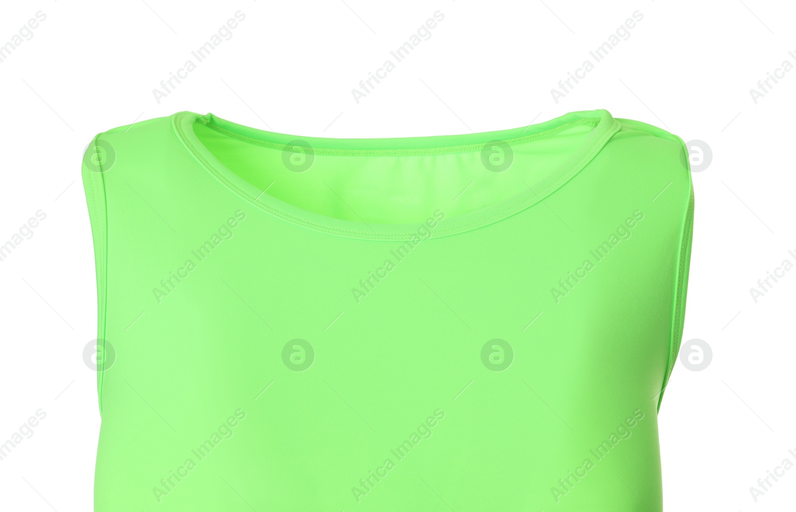 Photo of Green women's top isolated on white, closeup. Sports clothing