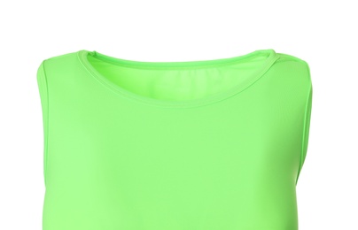 Photo of Green women's top isolated on white, closeup. Sports clothing